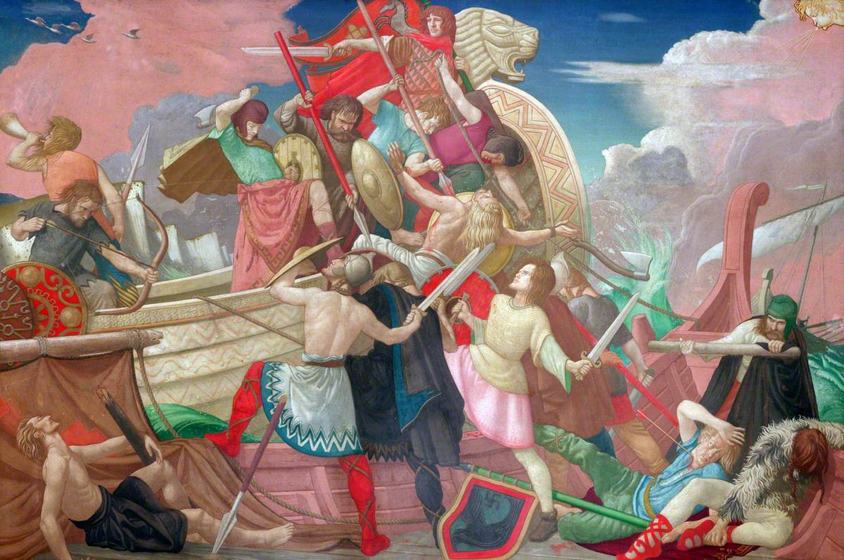 Alfred the Great, King of Wessex, and his Longships defeat the Danes, 877, painted by Colin Unwin Gill (1892–1940)
Parliamentary Art Collection, UK